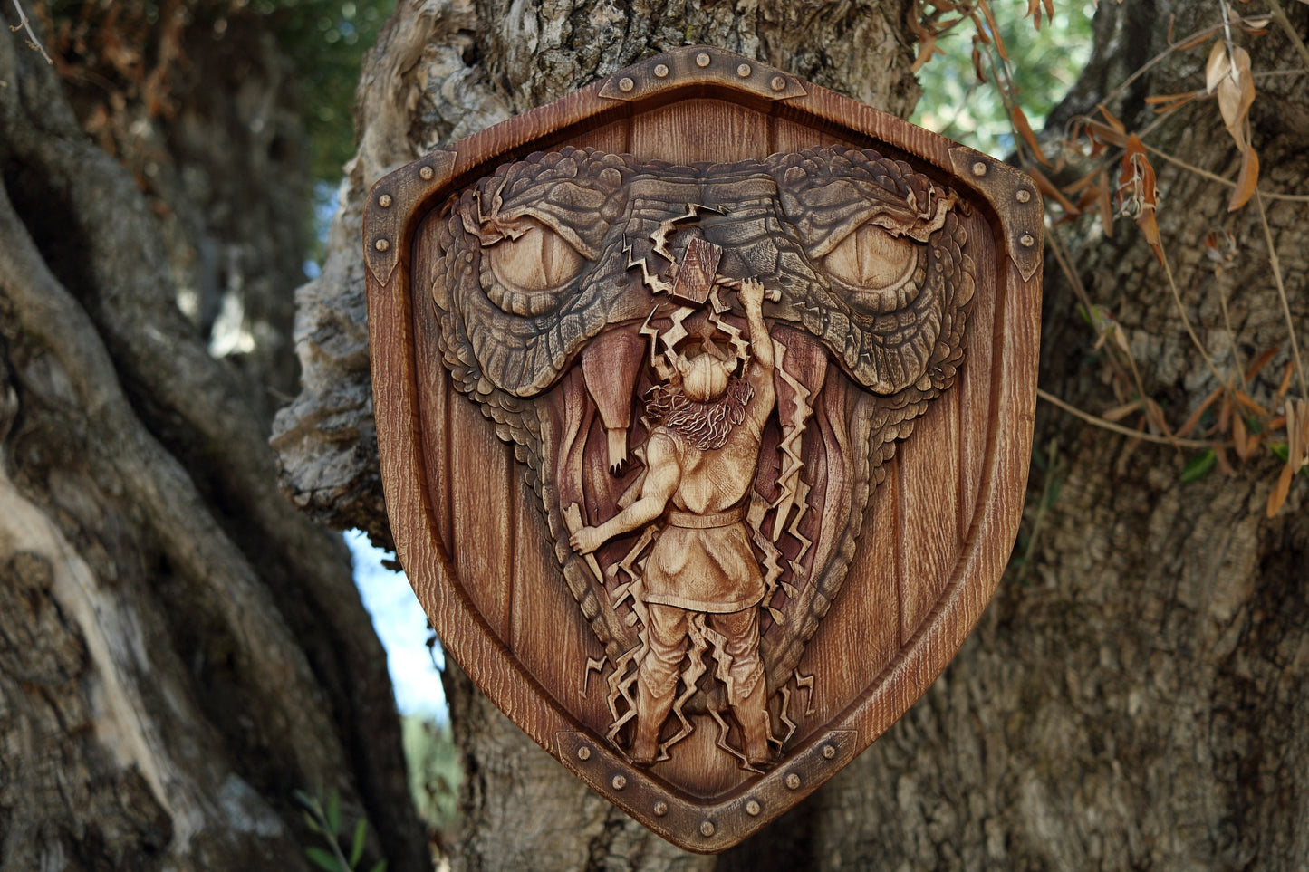 Thor, Wooden Viking shield, Wood carving wall art, Wood sculpture