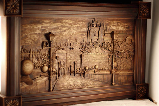 Toledo ancient Spanish city, Handmade wooden panel, Wooden carved picture