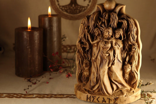 Wooden Hecate Statue - Triple Goddess Statue
