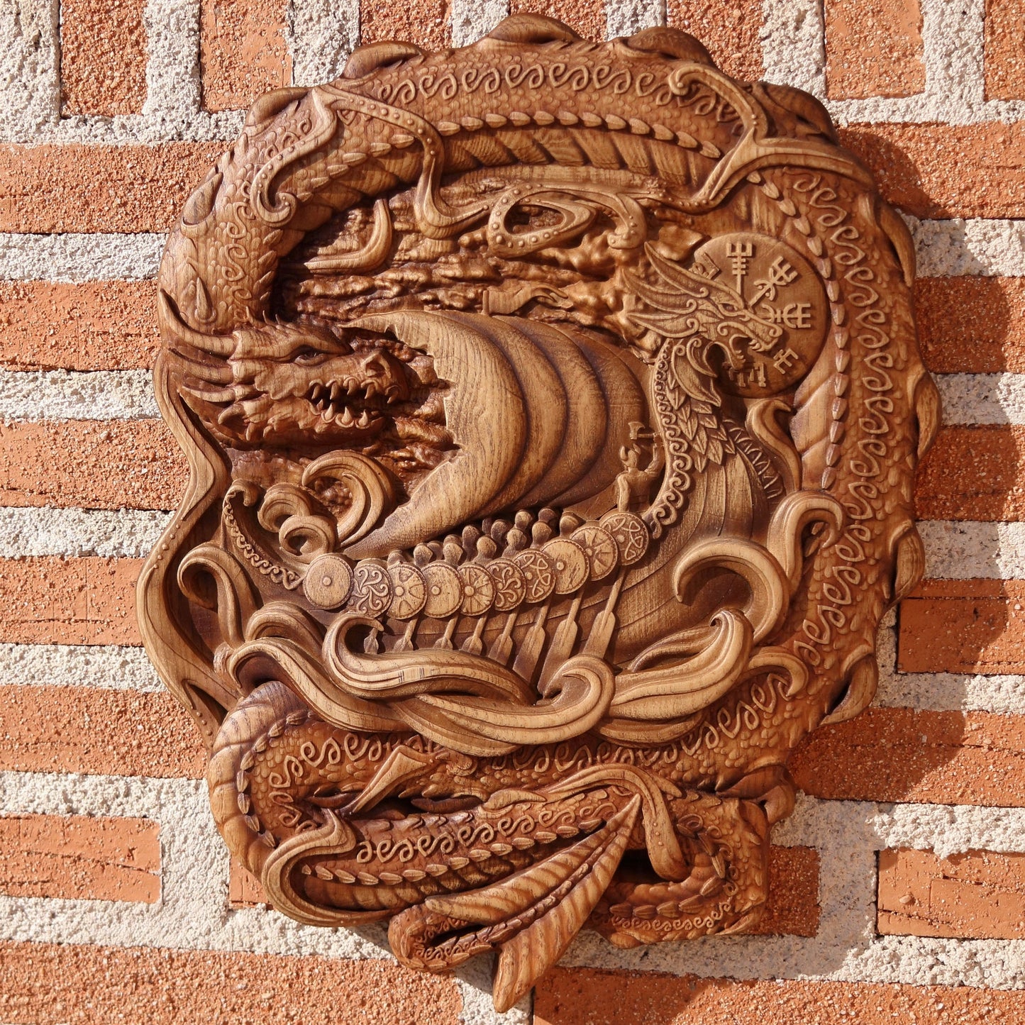 Viking shield,wood carving wall art Odin dragon Viking decor