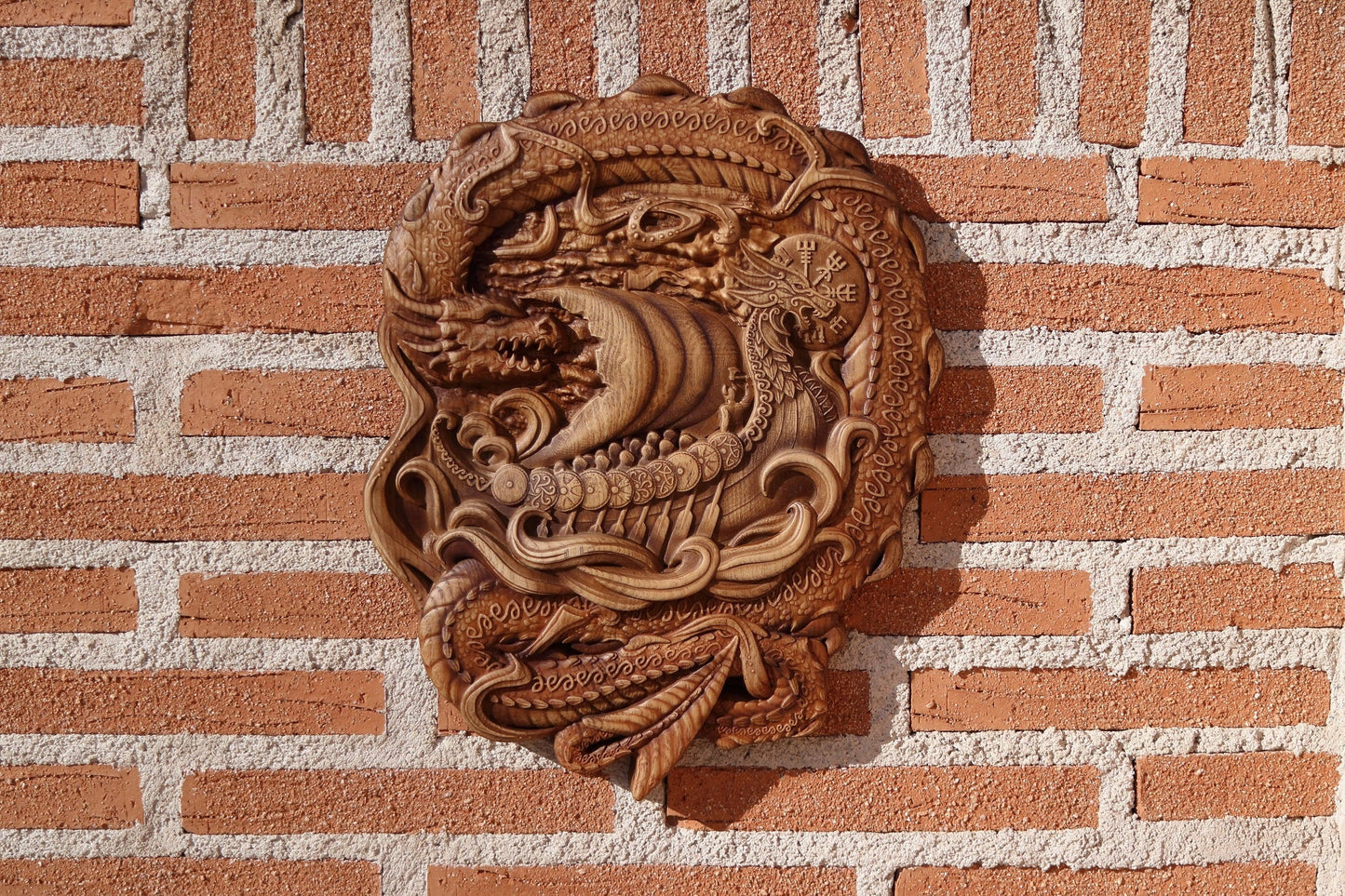 Viking shield,wood carving wall art Odin dragon Viking decor