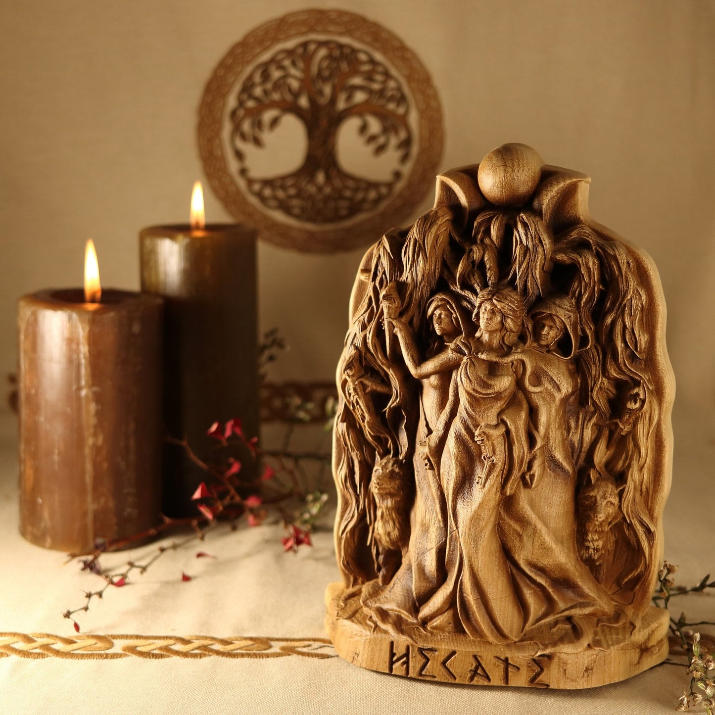 Wooden Hecate Statue - Triple Goddess Statue