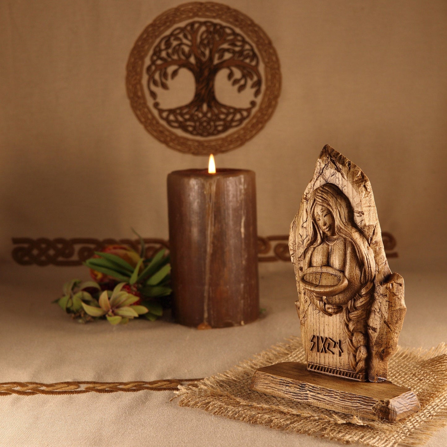 Sigyn, Wooden mini figurine, Wood carving Wood sculpture