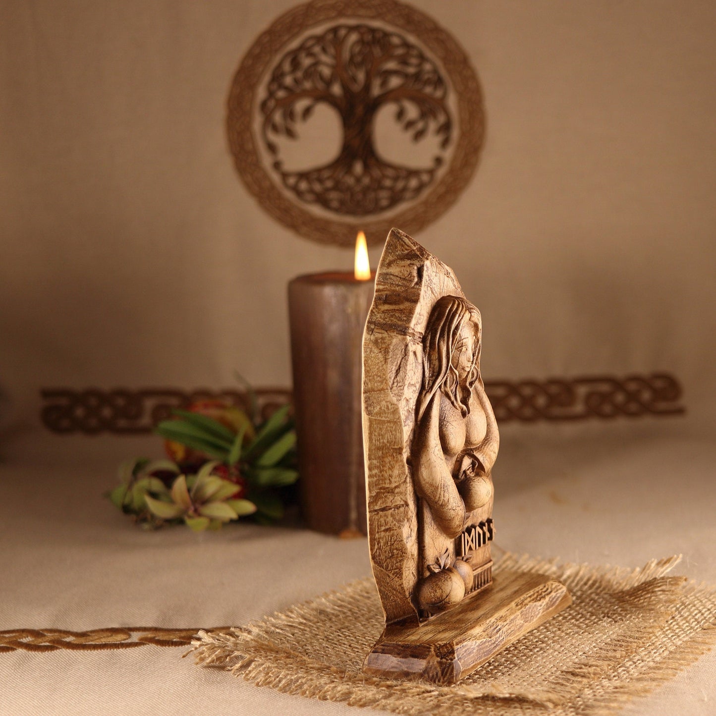 Idunn, Pagan goddess statue, mini altar kit, Wooden statue