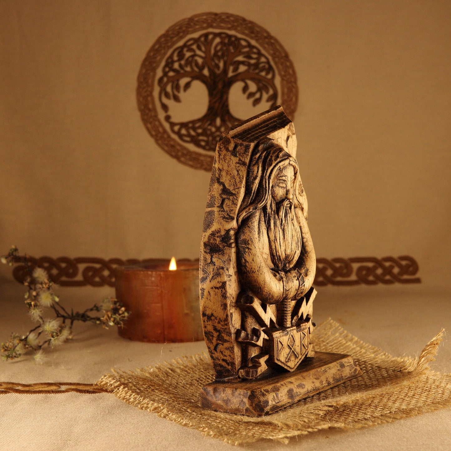 Thor statue, Norse pagan, Viking gods Wood mini sculpture