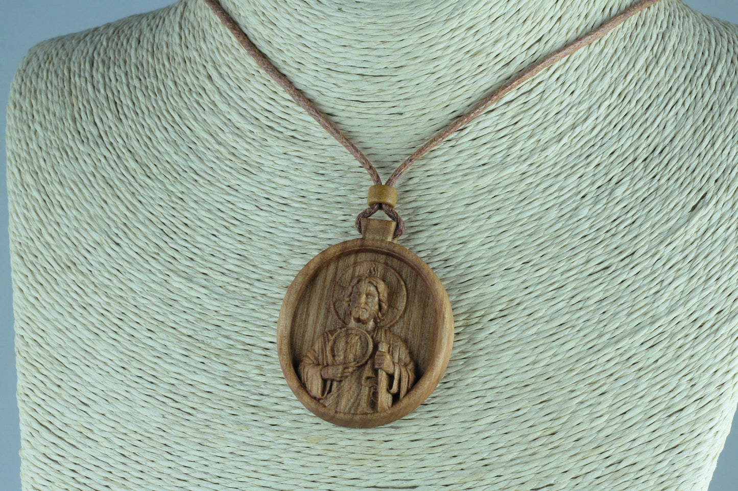 St Jude necklace, medallion, Wood necklace