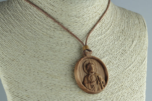 St Jude necklace, medallion, Wood necklace