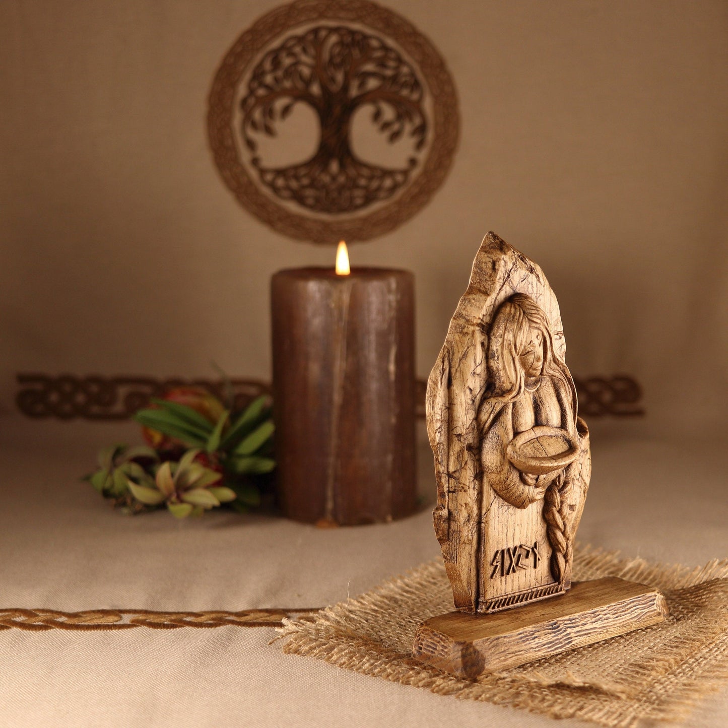 Sigyn, Wooden mini figurine, Wood carving Wood sculpture