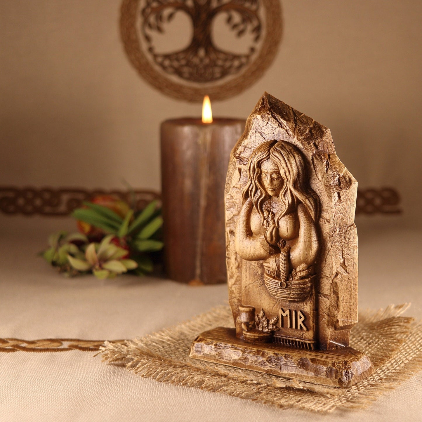 Eir, Norse pagan mini altar, wood sculpture art