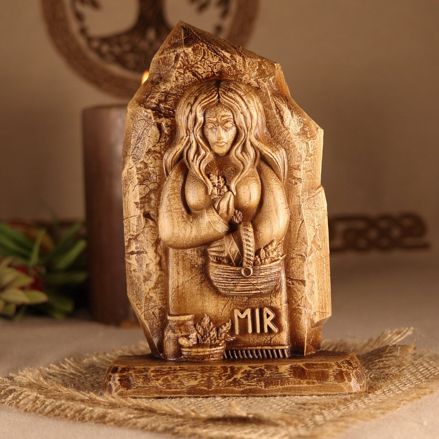 Eir, Norse pagan mini altar, wood sculpture art