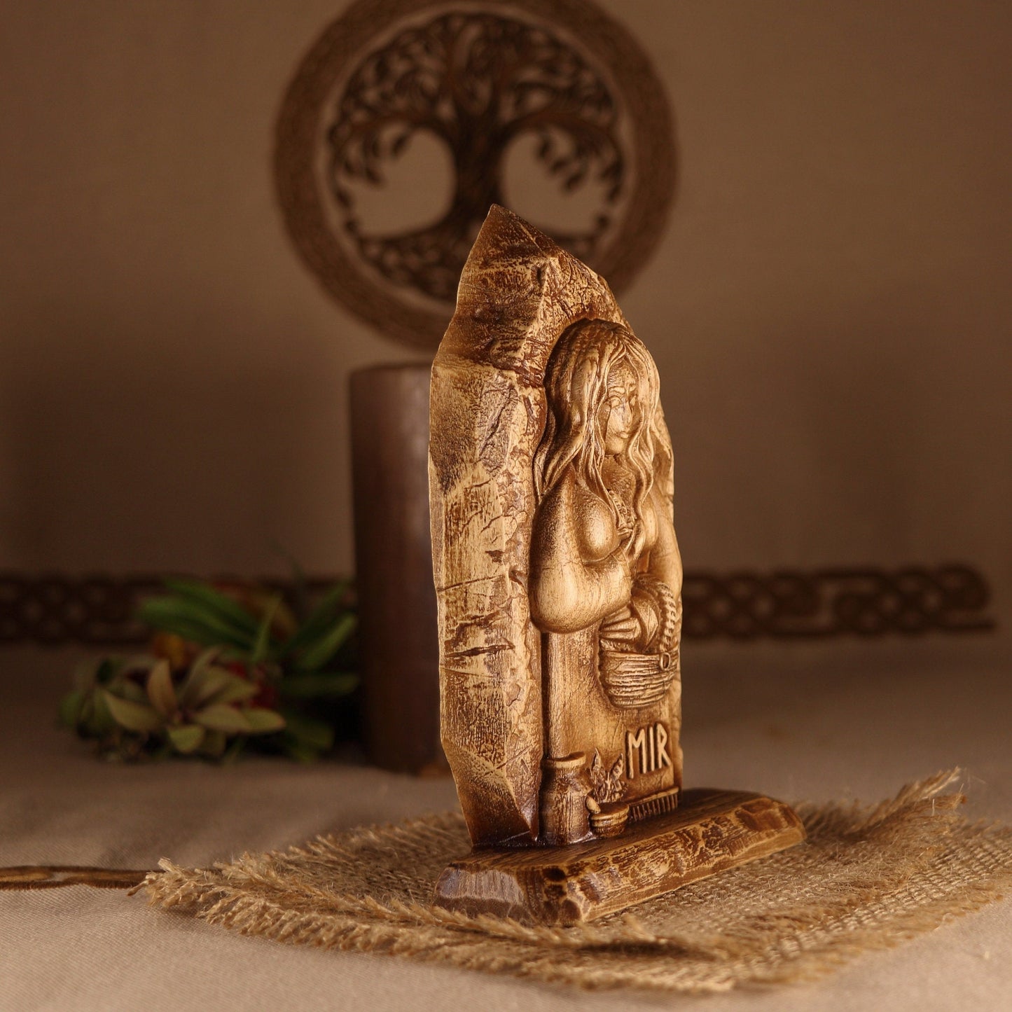 Eir, Norse pagan mini altar, wood sculpture art