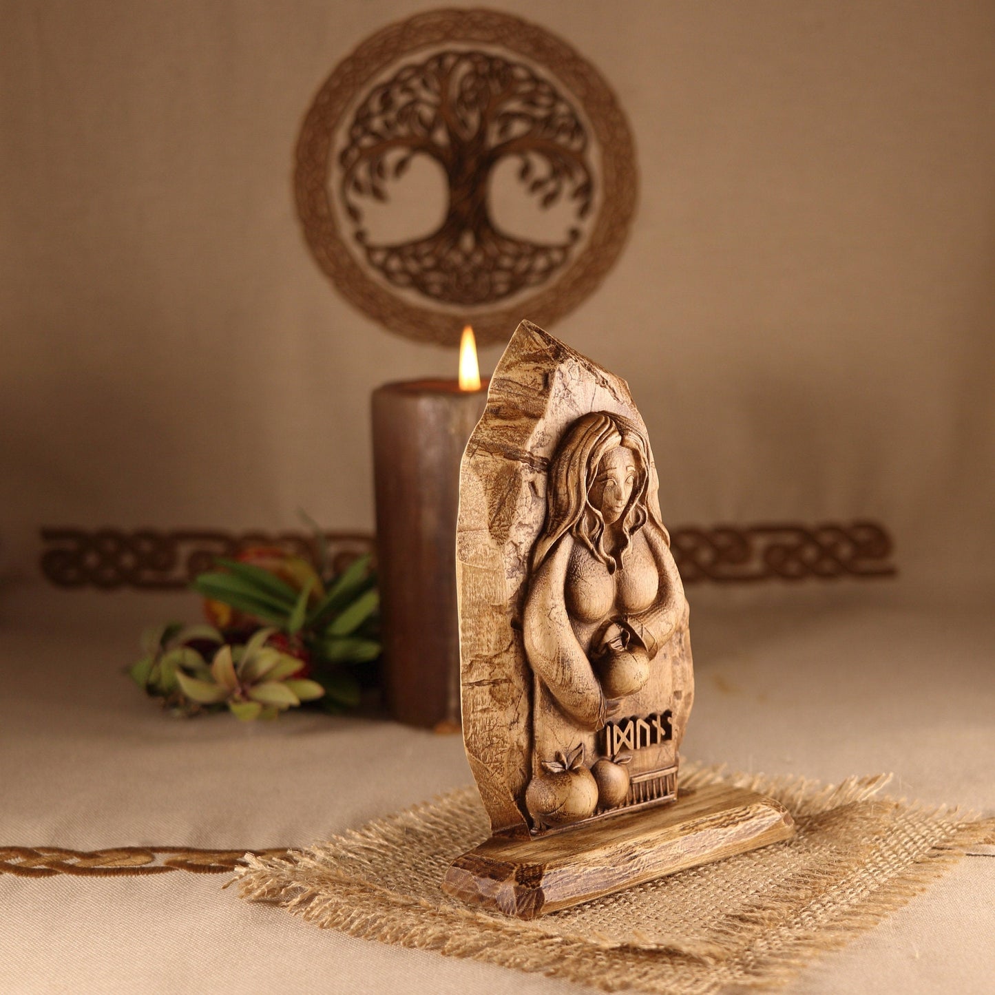 Idunn, Pagan goddess statue, mini altar kit, Wooden statue