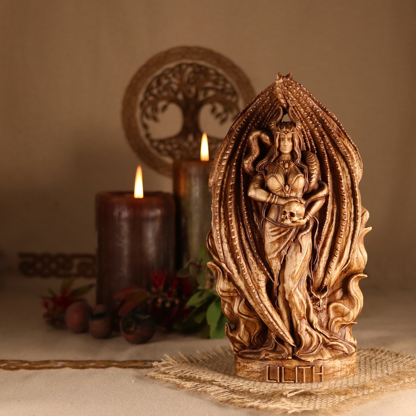 Wooden Lilith Statue - Mother of Demons Sculpture