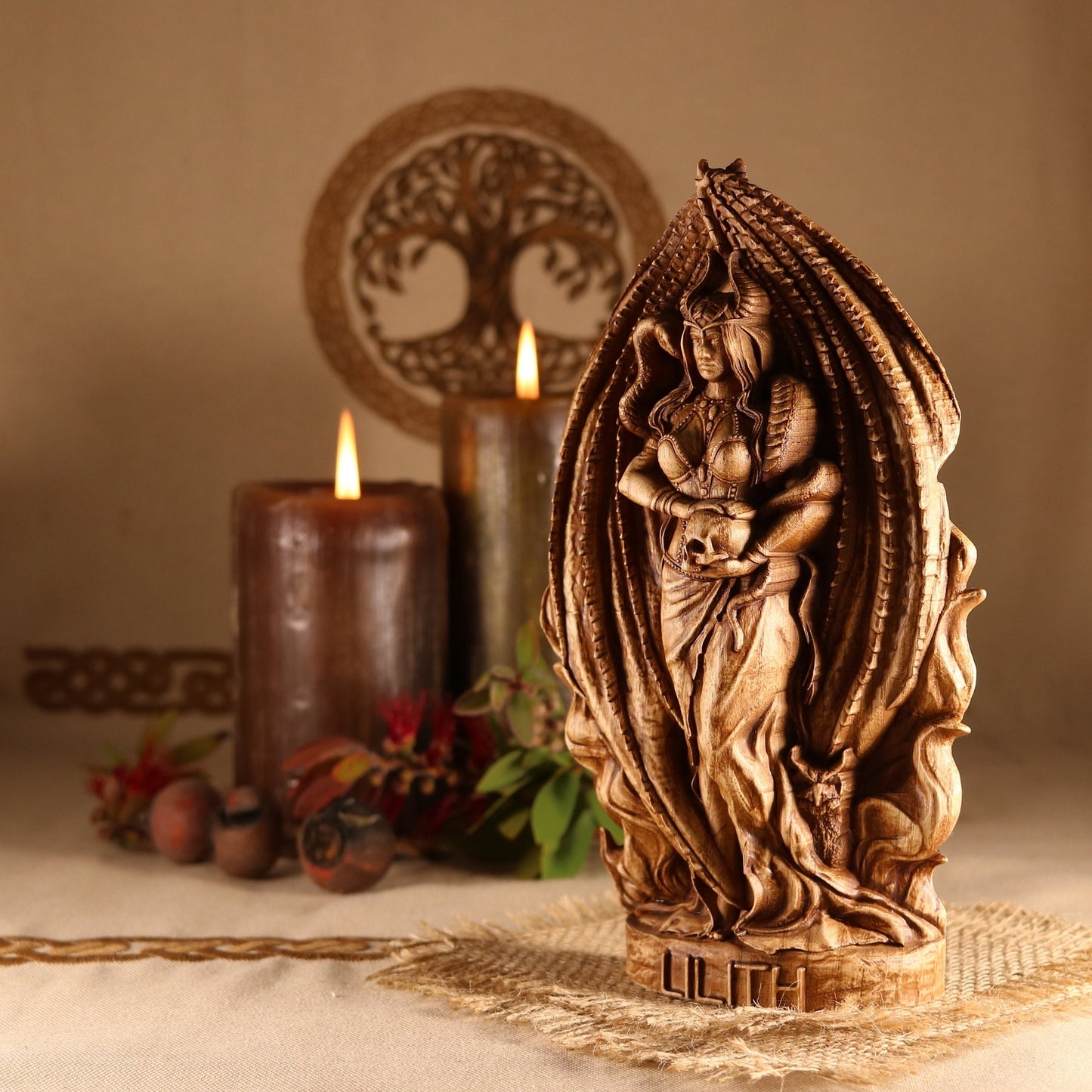Wooden Lilith Statue - Mother of Demons Sculpture