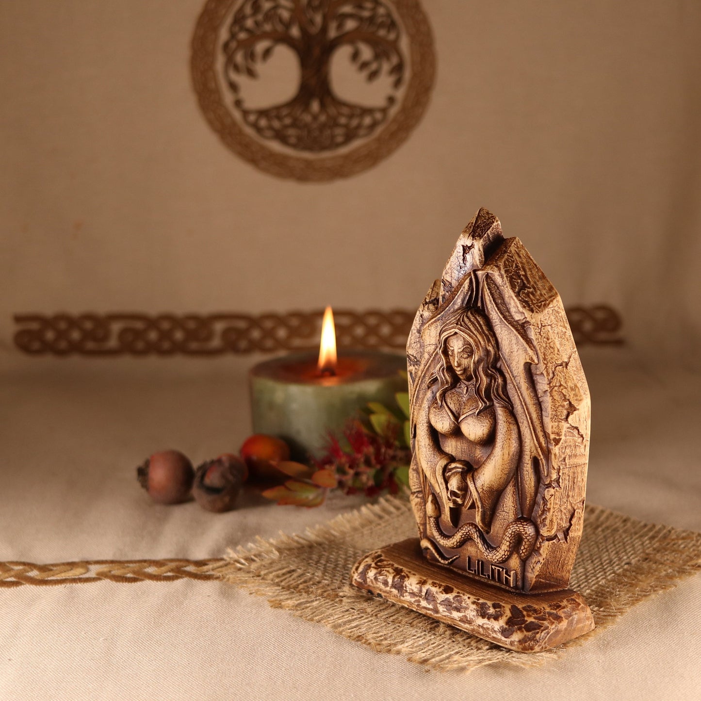 Lilith statue, Wiccan mini altar, Goddess statue, Wood carving
