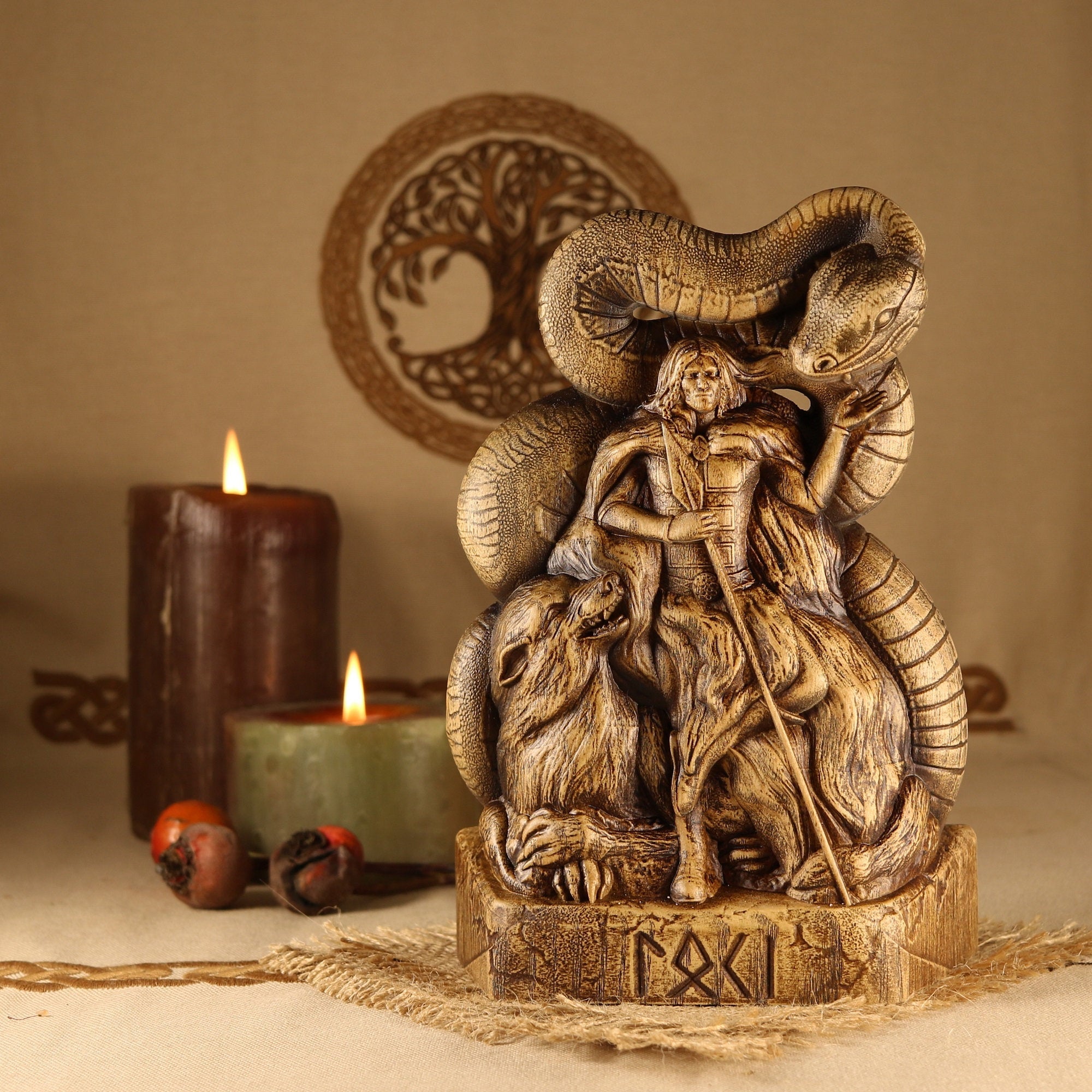 Loki shops statue, Wooden altar statue