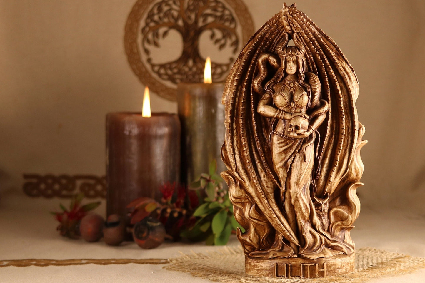 Wooden Lilith Statue - Mother of Demons Sculpture