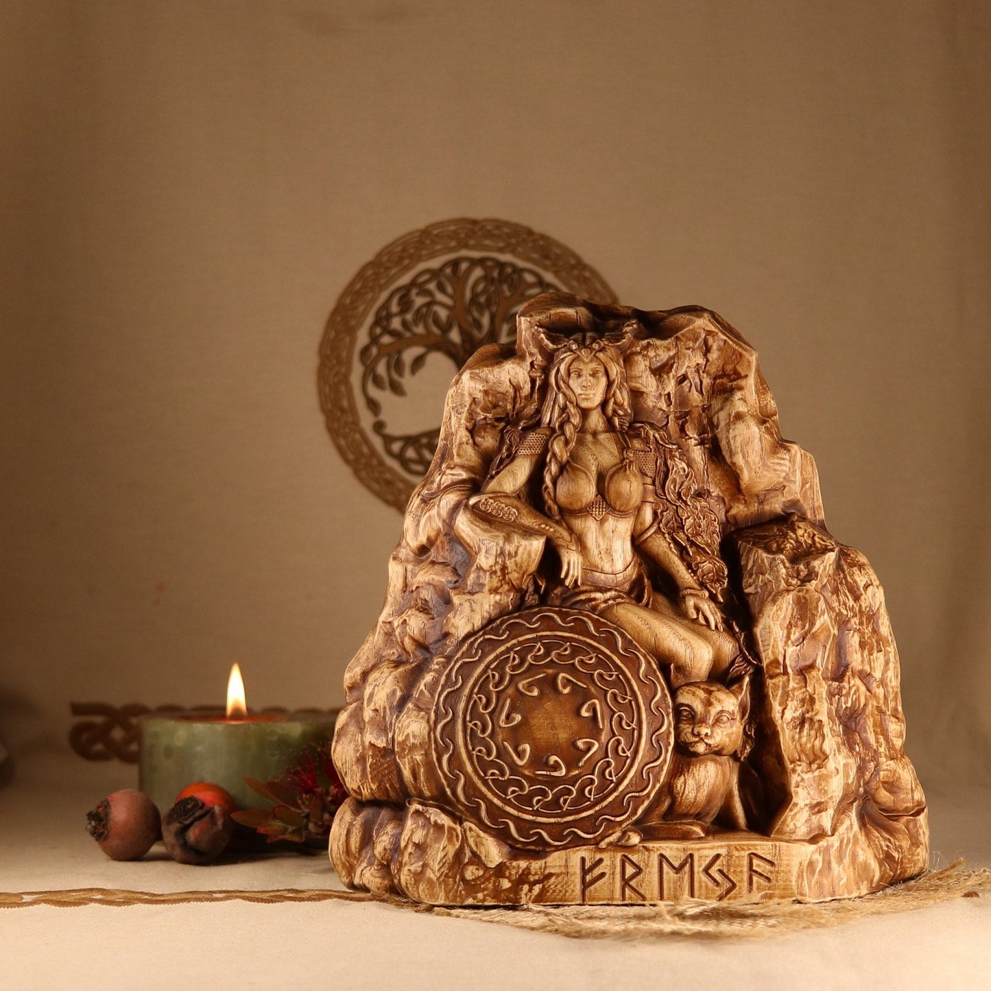 Freya Wood Statue 7.7 Inch Tall for Pagan Altar (Freyja Pagan Goddess) Wood Carving