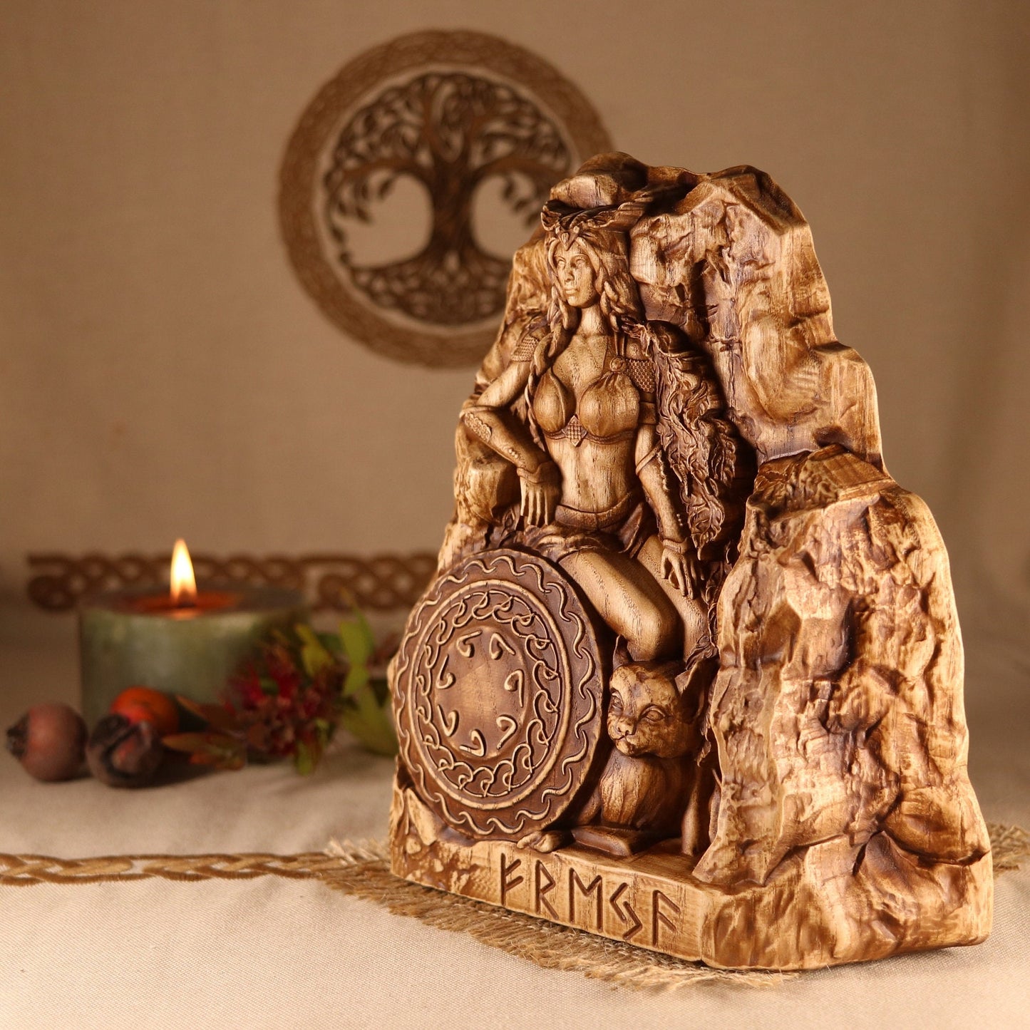 Freya Wood Statue 7.7 Inch Tall for Pagan Altar (Freyja Pagan Goddess) Wood Carving