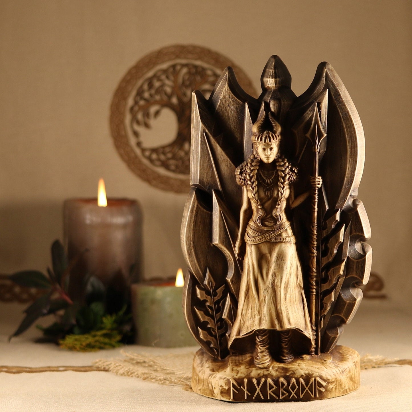 Angrboda, Norse goddess statue, Wooden statue
