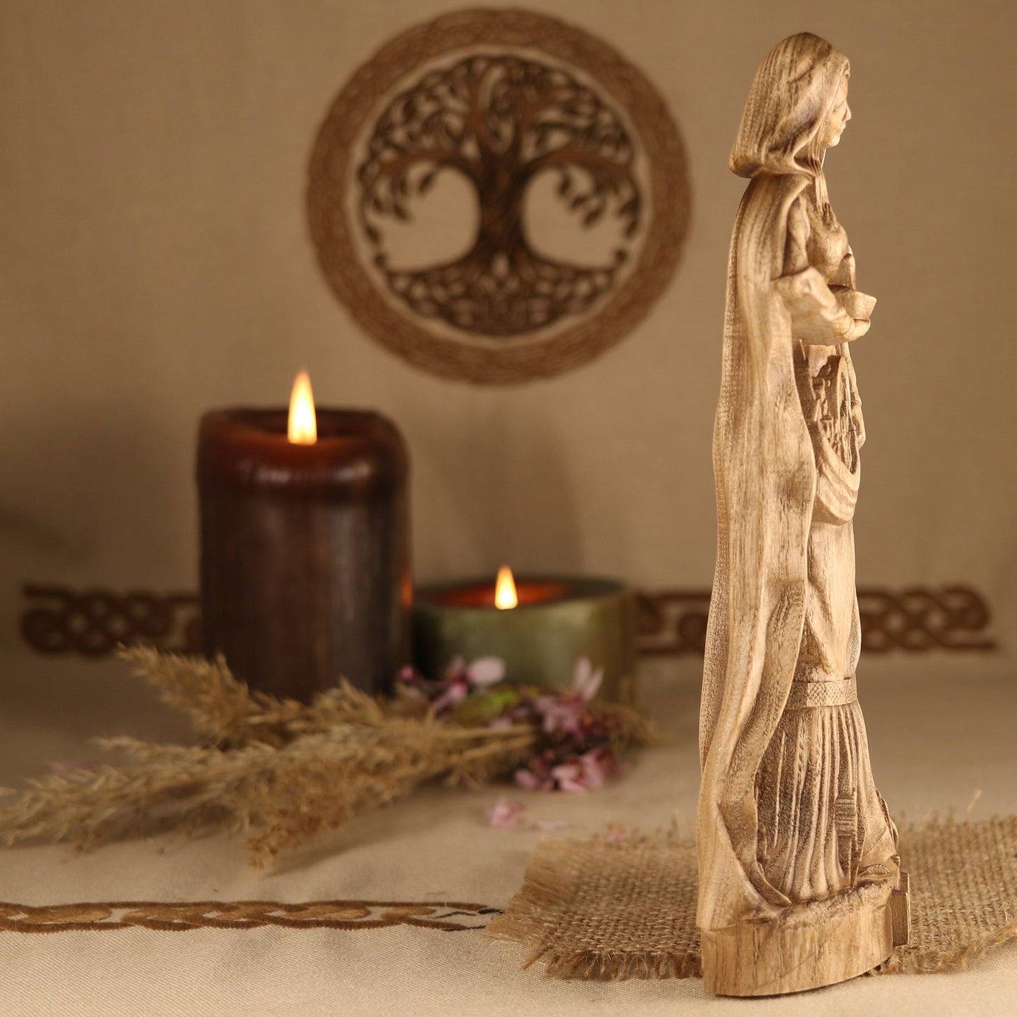 Goddess statue, Eir norse pagan altar,  Wood sculpture
