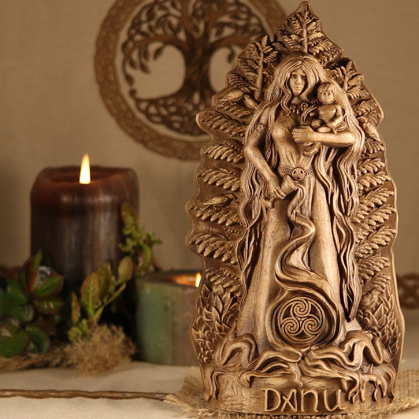Wooden Danu Statue - Fertility Goddess Sculpture