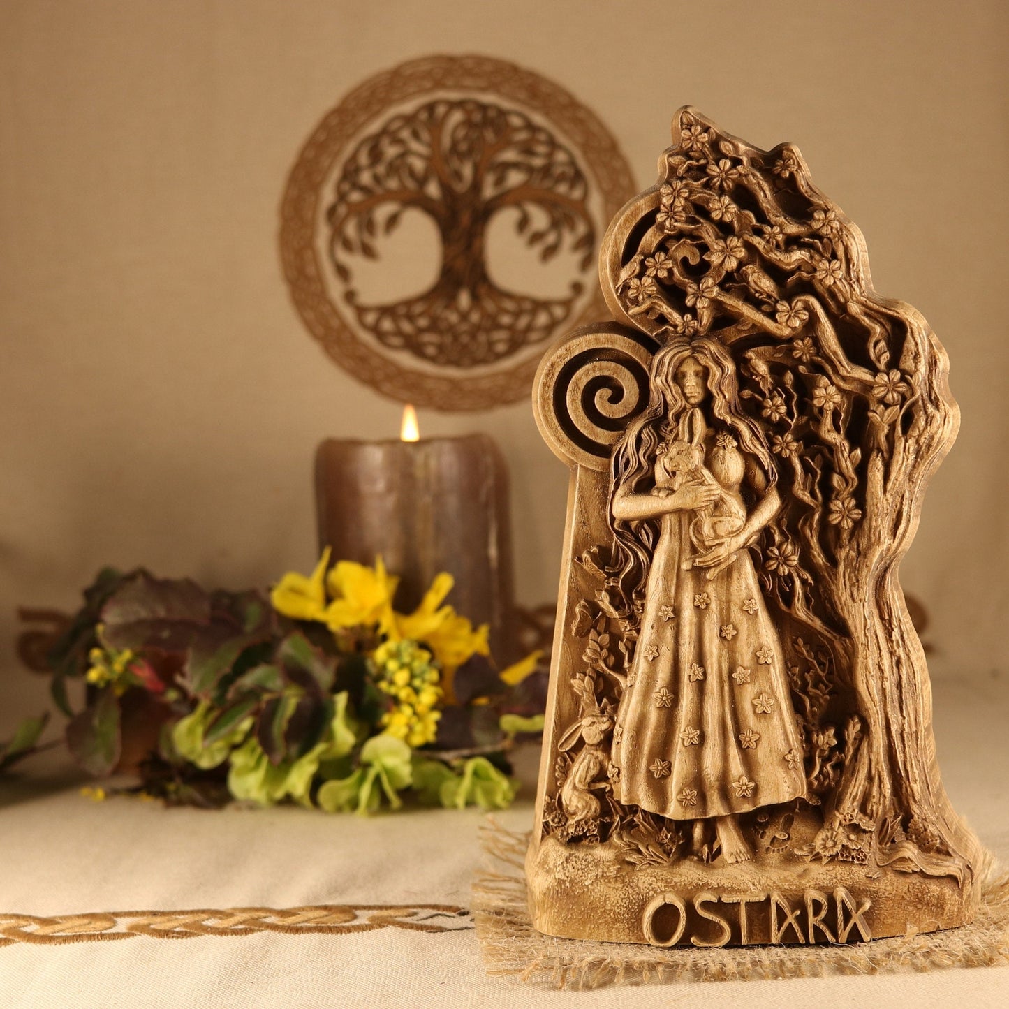 Ostara, wood sculpture, Norse pagan wooden decor