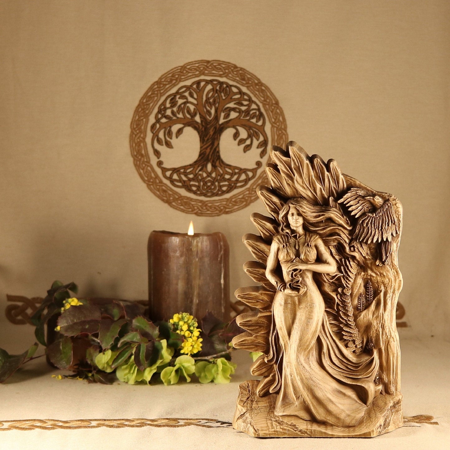 Morrigan, wooden statue, Celtic goddess