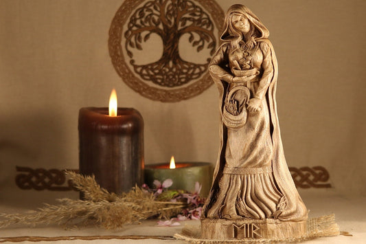 Goddess statue, Eir norse pagan altar,  Wood sculpture