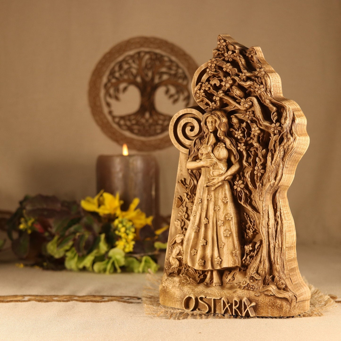 Ostara, wood sculpture, Norse pagan wooden decor