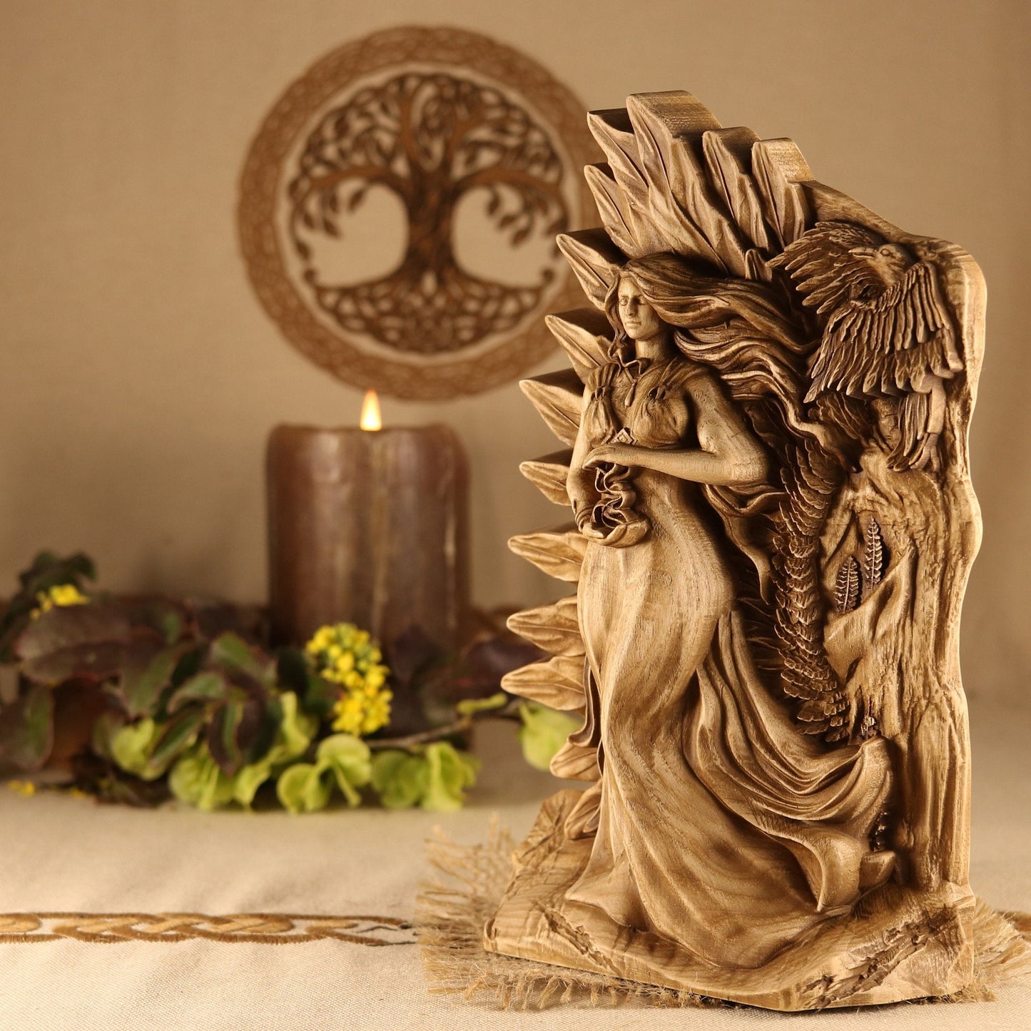 Morrigan, wooden statue, Celtic goddess
