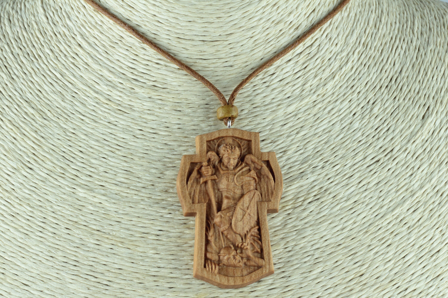 St Michael wooden necklace Michael necklace wood  cherry necklace