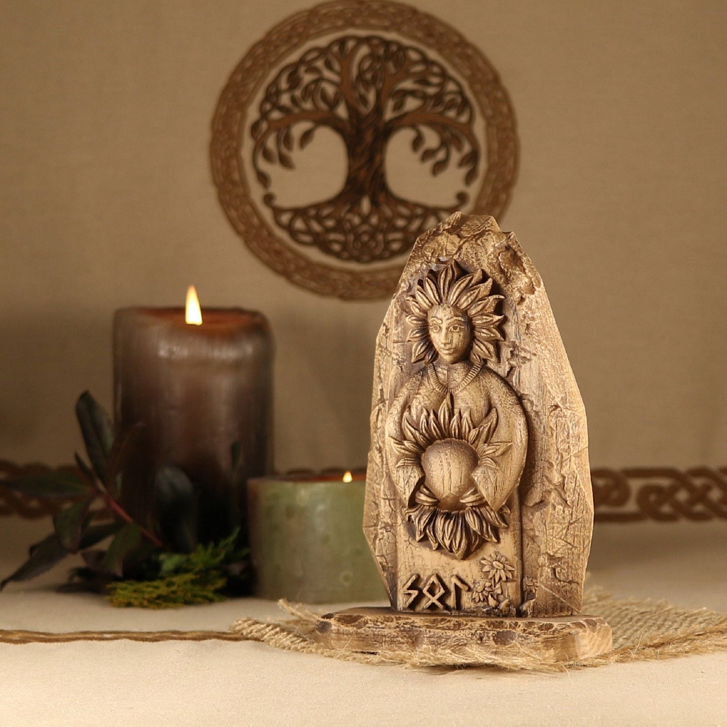 Wooden Norse Pagan Mini Statue of Sol for Altar