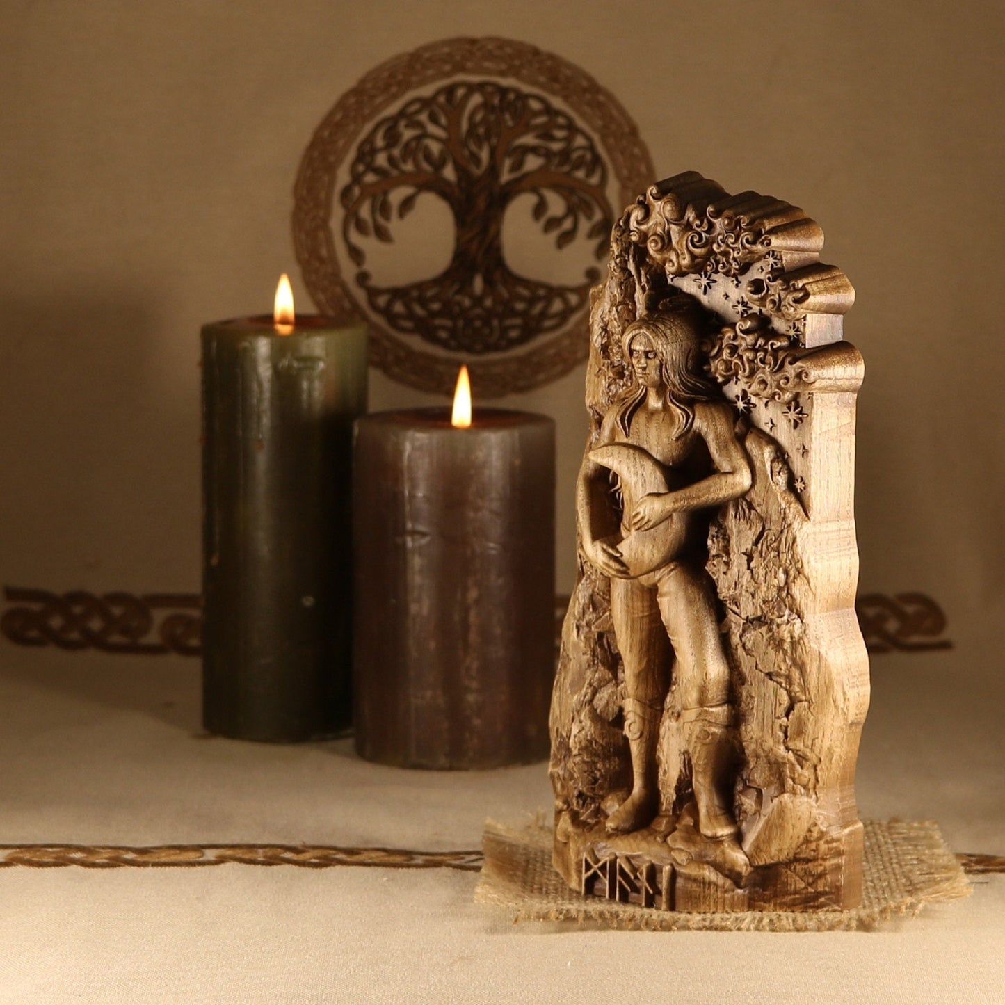 Wooden  Mani  Wiccan Altar Statue for Heathen Ritual