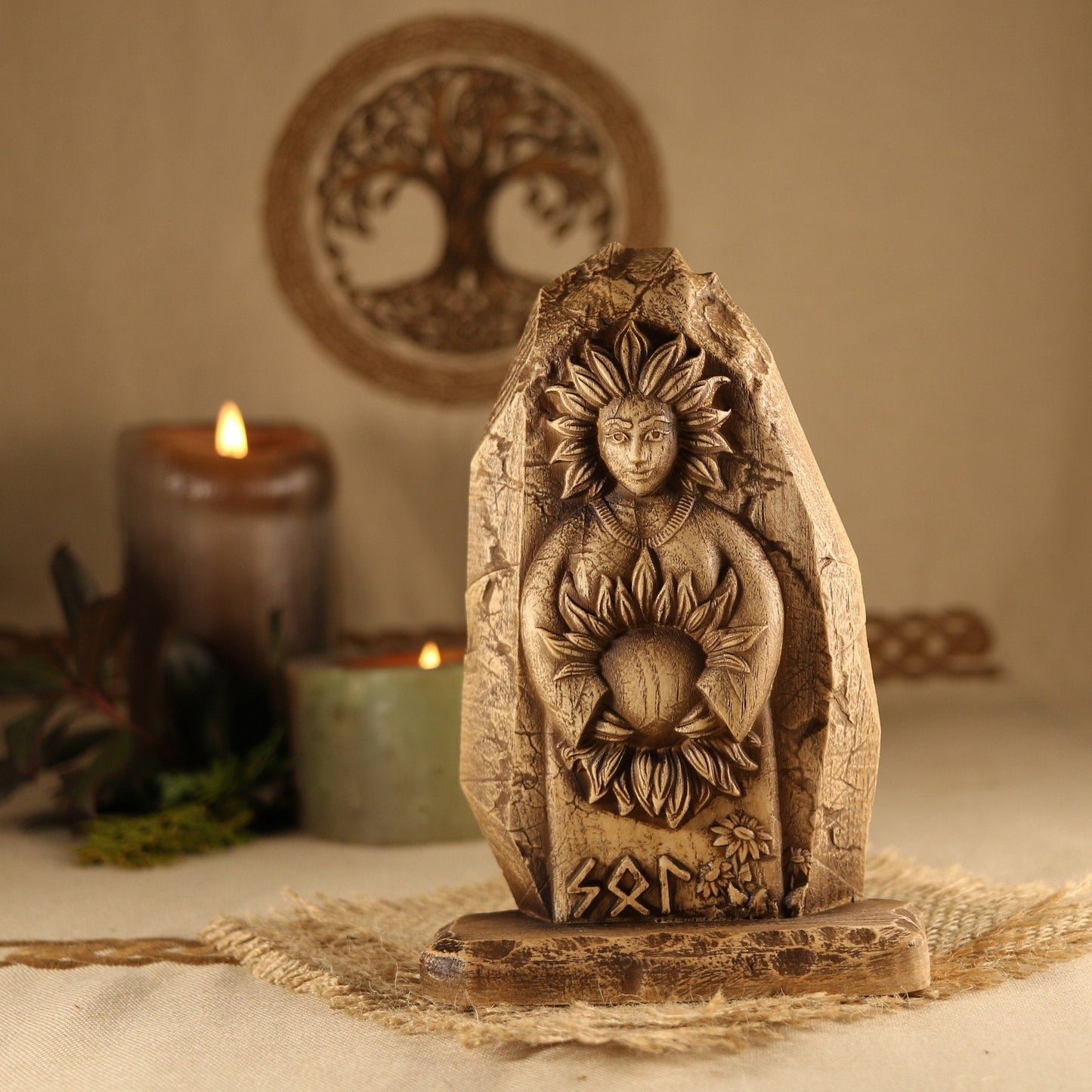Wooden Norse Pagan Mini Statue of Sol for Altar