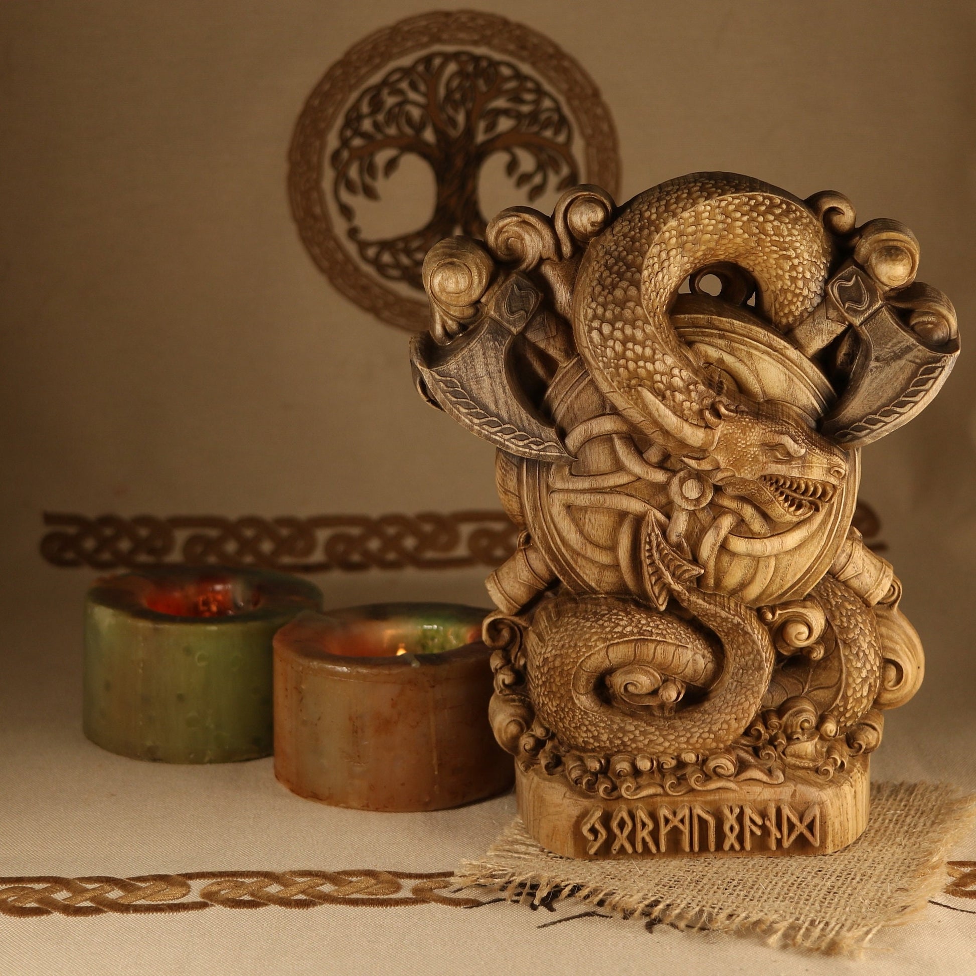 Dragon Jörmungandr, Norse pagan gods, Wooden wood carving – Art