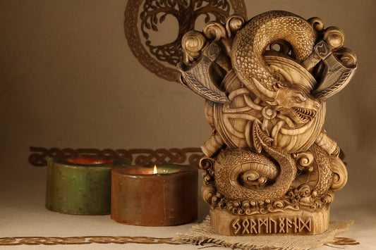 Dragon Jörmungandr, Norse pagan gods, Wooden wood carving