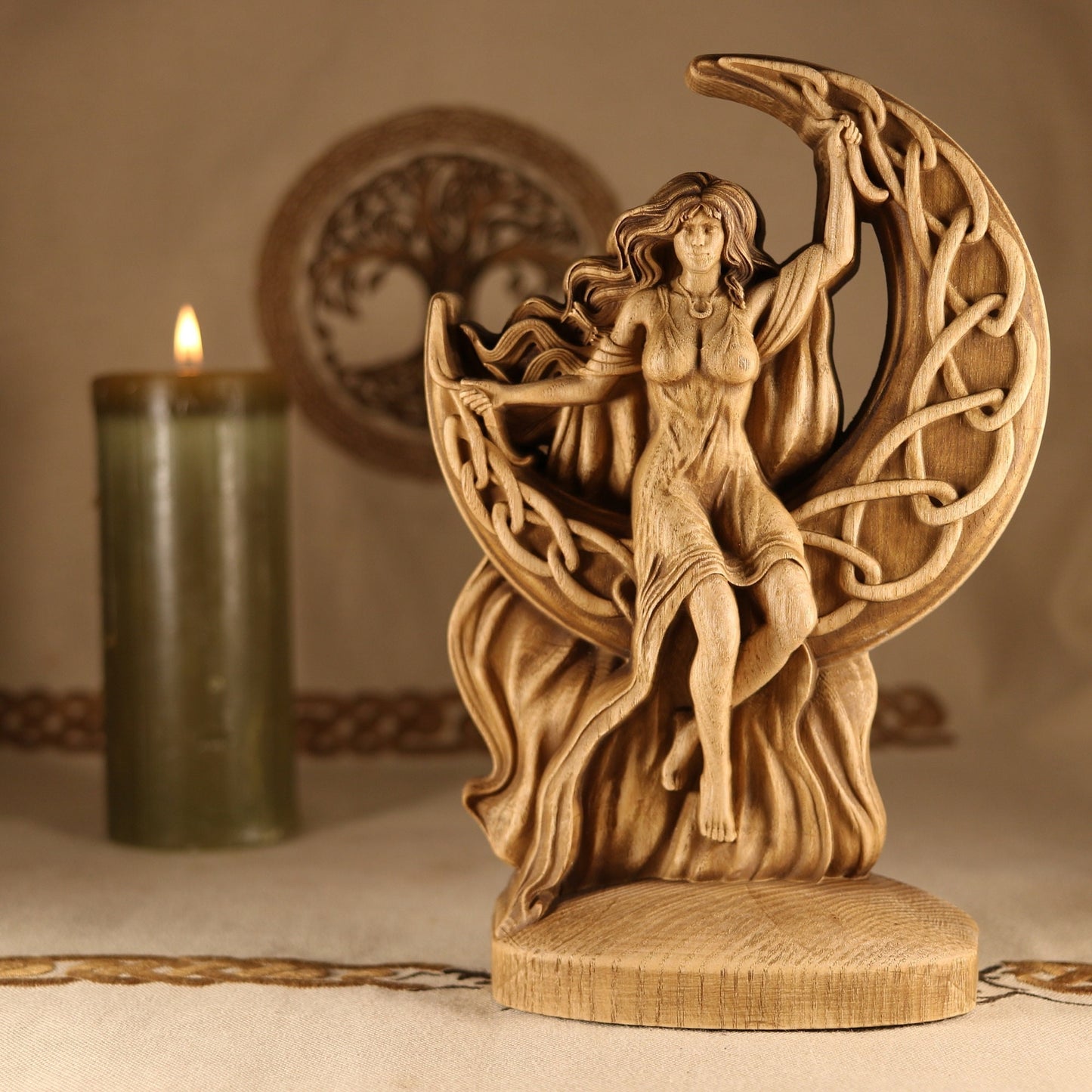 Wooden Goddess Statue with Triple Moon