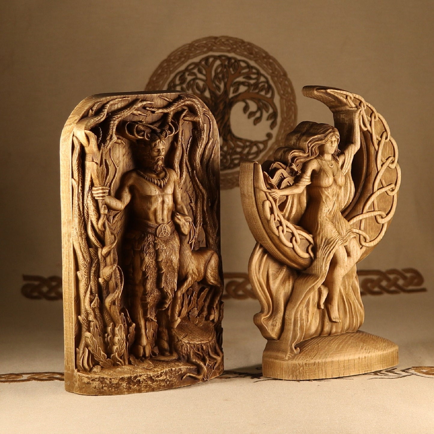 Wooden Cernunnos and Moon Statue - Celtic God Statues