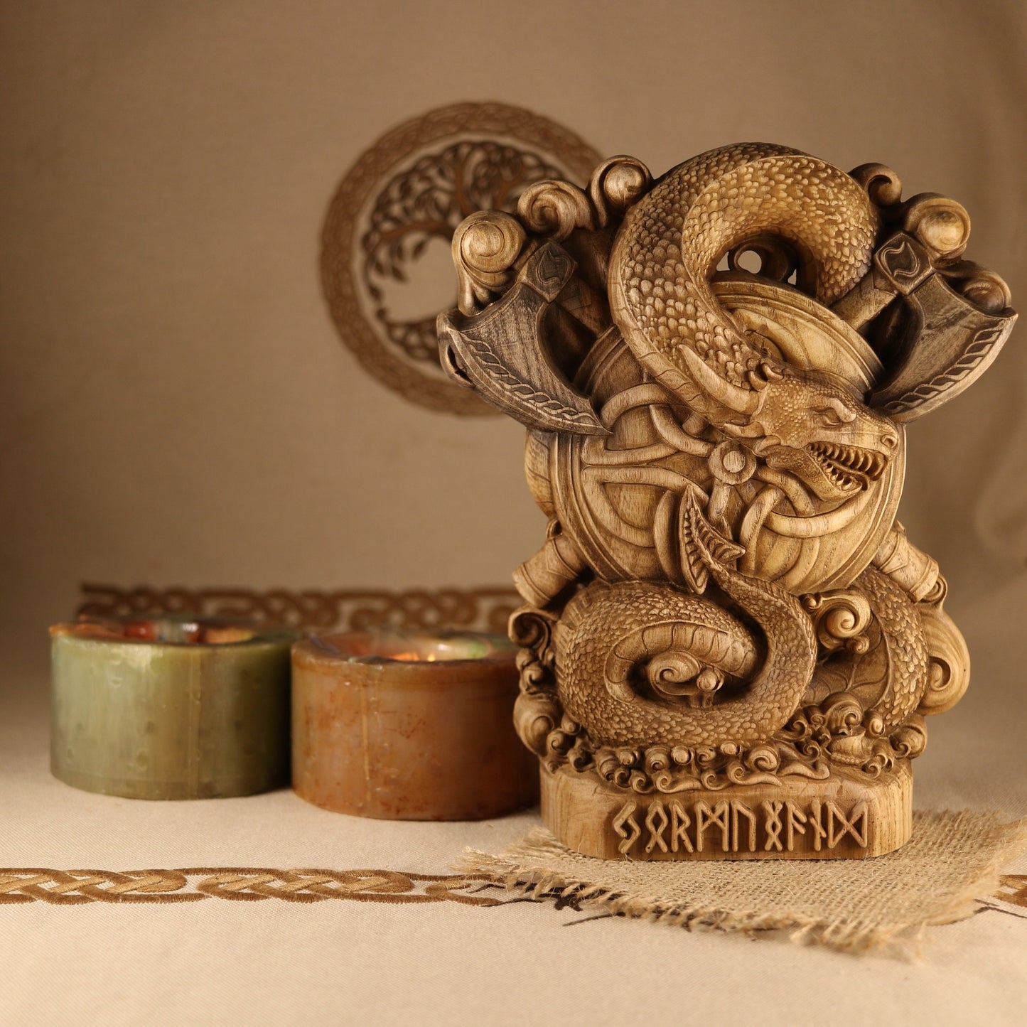 Dragon Jörmungandr, Norse pagan gods, Wooden wood carving