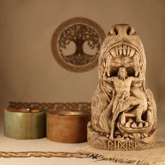 A handcrafted wooden sculpture of Vidar, the Norse god of vengeance, prying open the jaws of the giant wolf Fenrir. The detailed carving features Nordic knotwork, a coiled serpent at the base, and the name "VIDAR" carved on the front. Displayed in a rustic setting with candles and a Tree of Life decoration in the background.