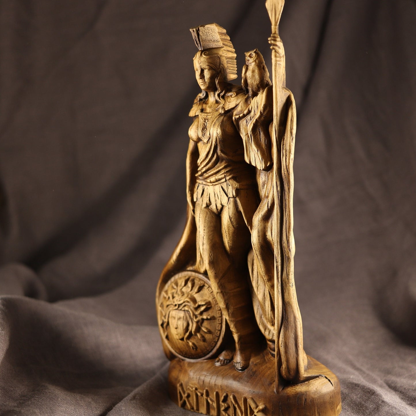 Athena, Greek statue, Warrior goddess, Wooden statue