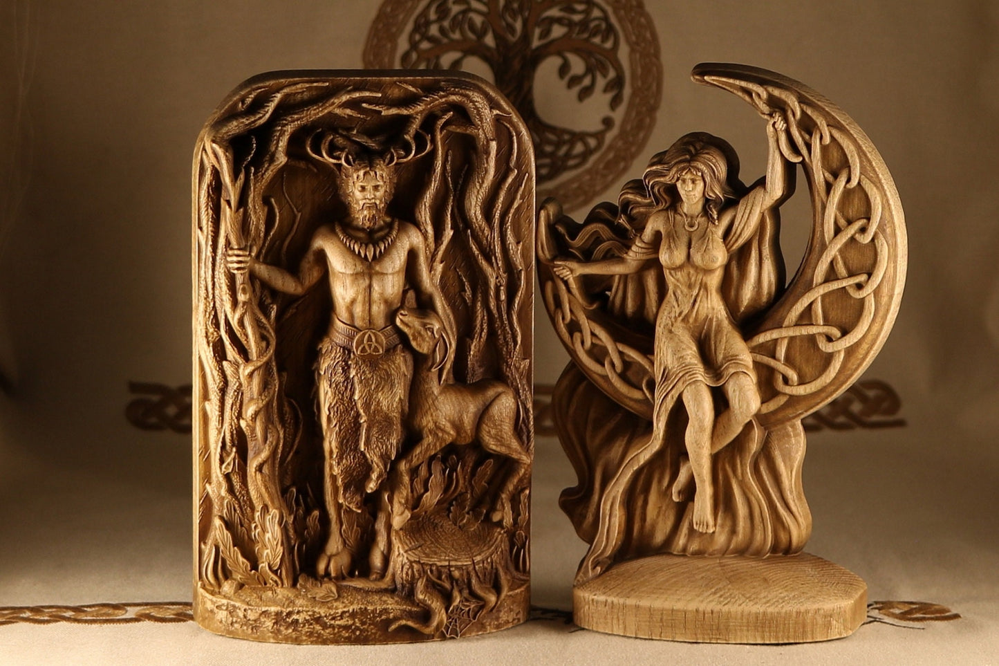 Wooden Cernunnos and Moon Statue - Celtic God Statues