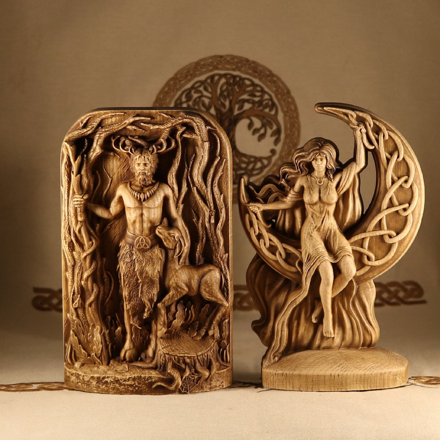 Wooden Cernunnos and Moon Statue - Celtic God Statues