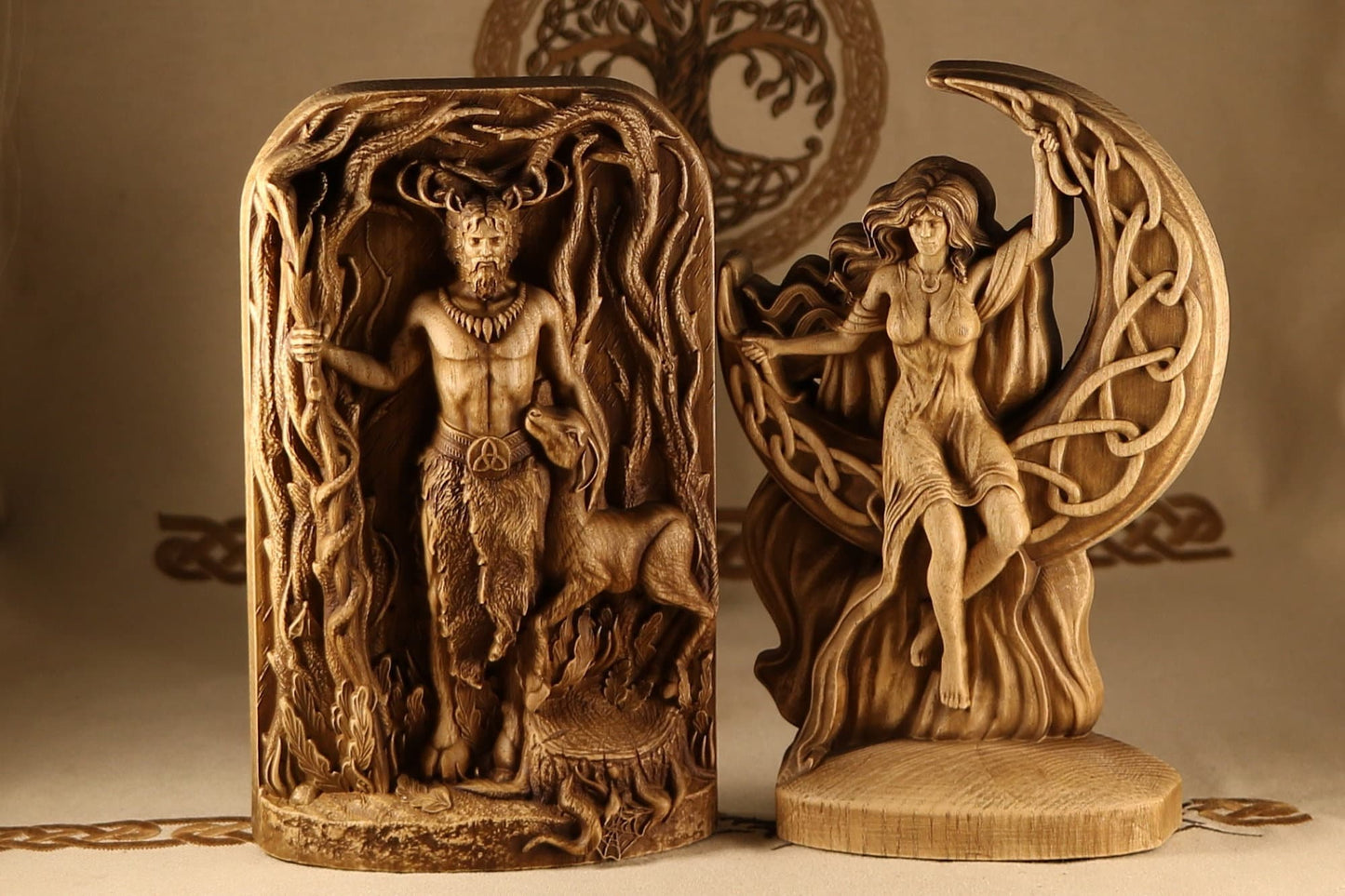 Wooden Cernunnos and Moon Statue - Celtic God Statues