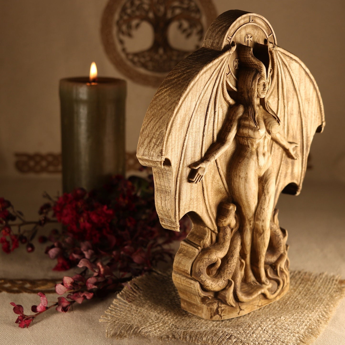 Lilith, Hell Goddess statue, Wiccan altar kit, Wood carving