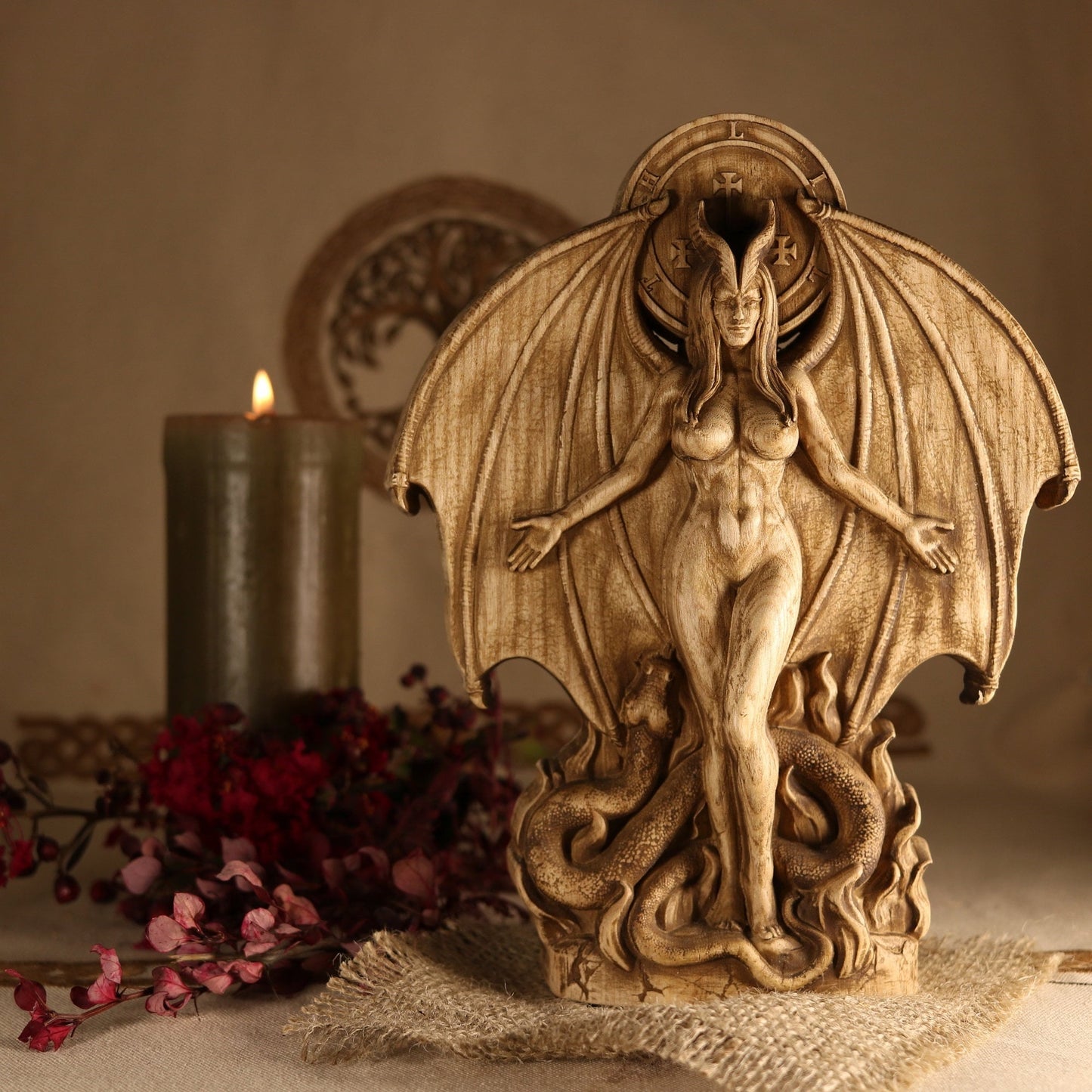 Lilith, Hell Goddess statue, Wiccan altar kit, Wood carving