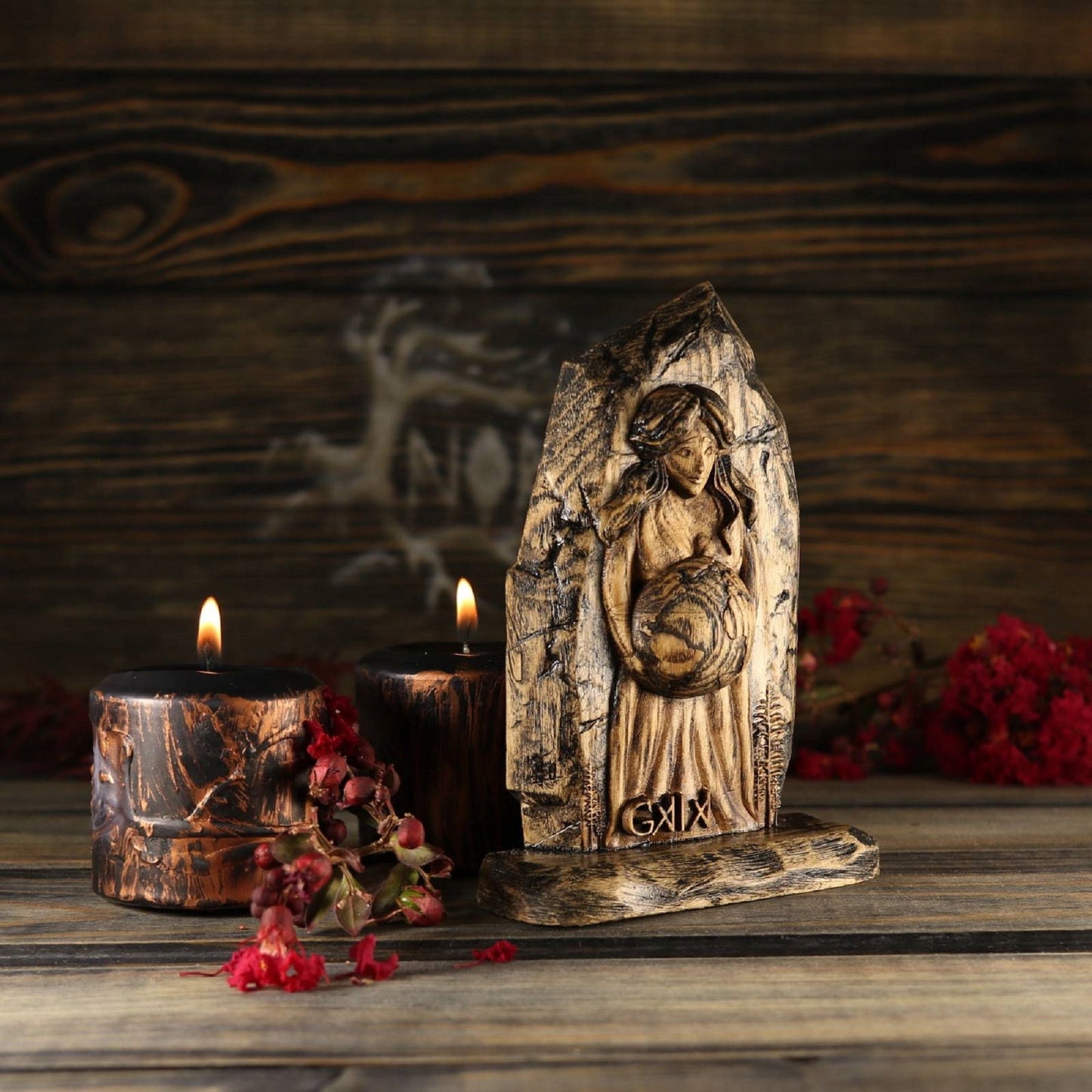 Gaia, Greek mythology, Wood carving Wiccan mini altar