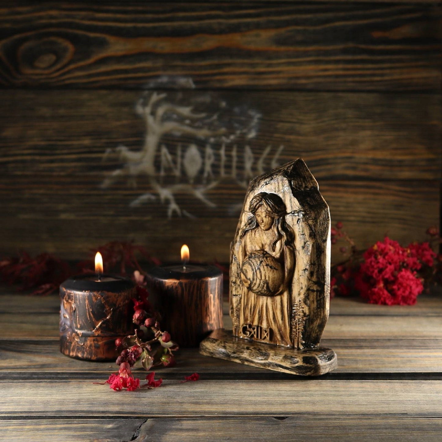 Gaia, Greek mythology, Wood carving Wiccan mini altar