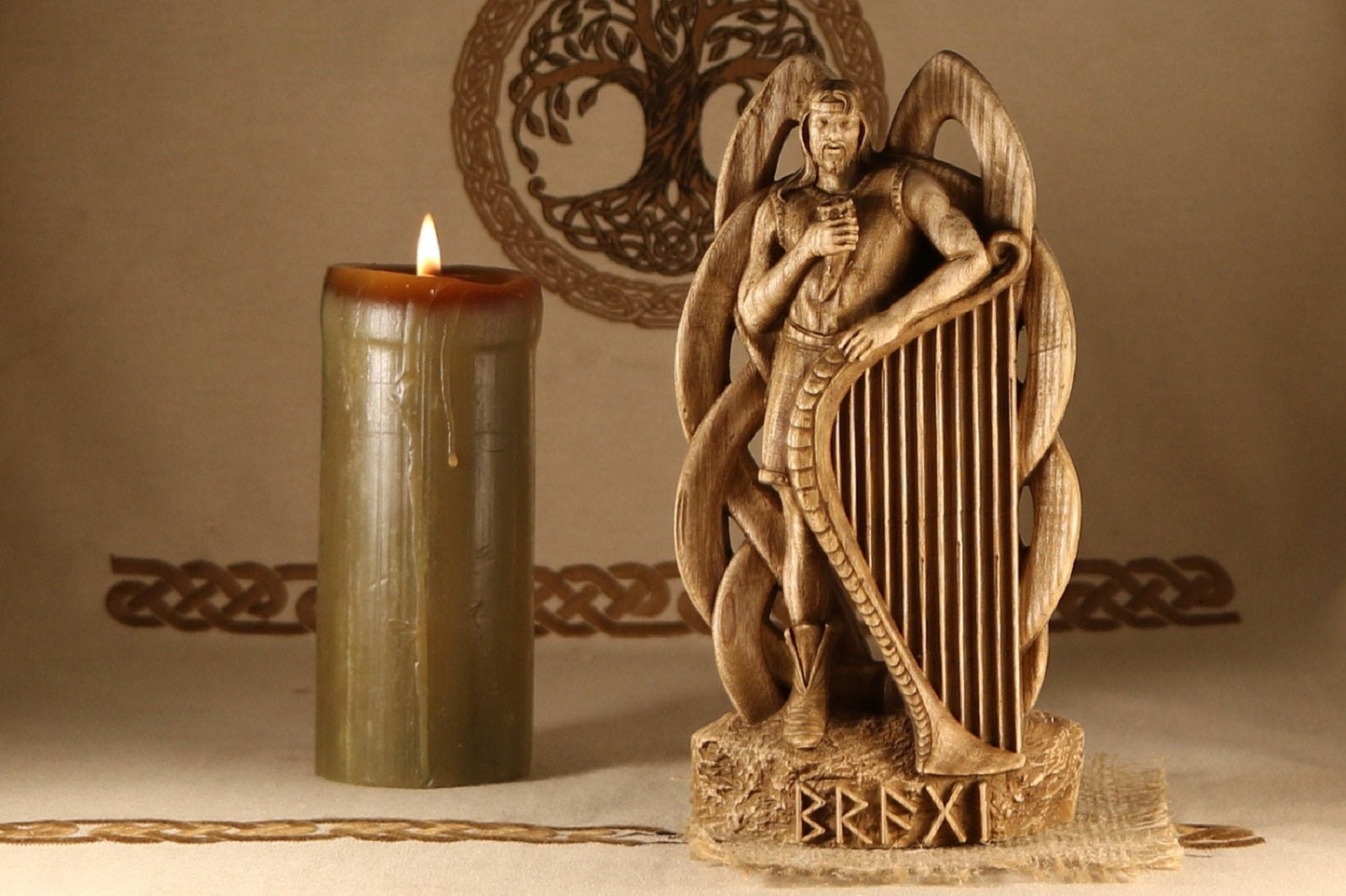 Bragi Statue - Wooden Norse Mythology Sculpture